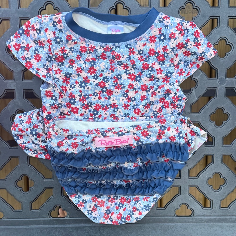 Ruffle Butts Floral Diaper Cover - Blue and Red